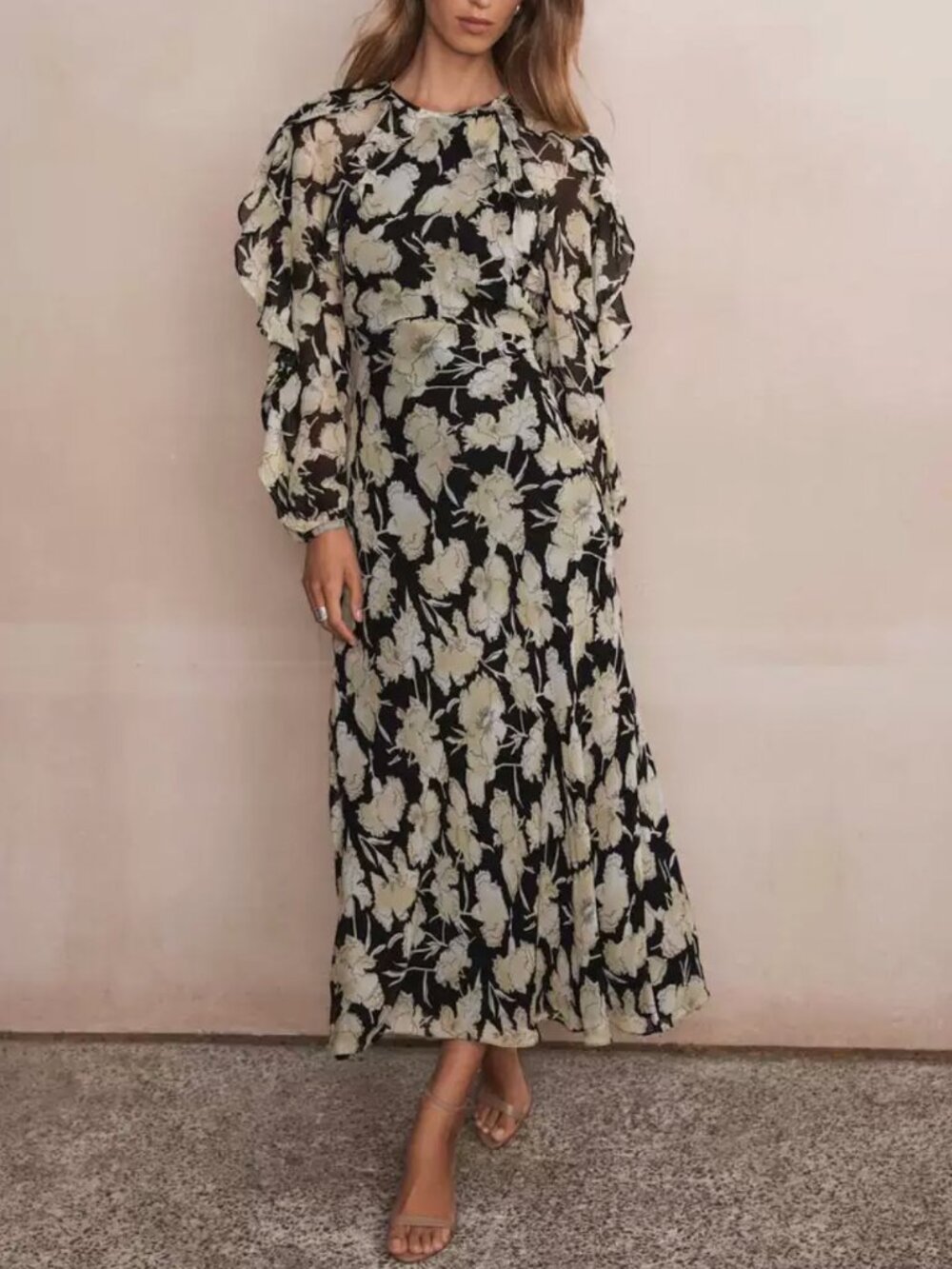 Mint Velvet Floral Print Ruffle Trim Maxi Dress US 4/6 Black/Multi